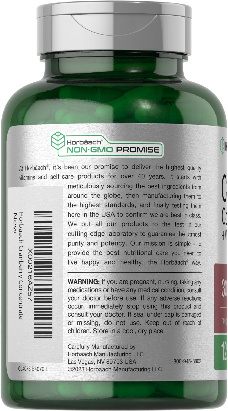 Horbäach Cranberry Concentrate Extract Pills + Vitamin C | 30,000mg | 120 Capsules | Triple Strength Ultimate Potency Formula | Non-GMO and Gluten Free Supplement