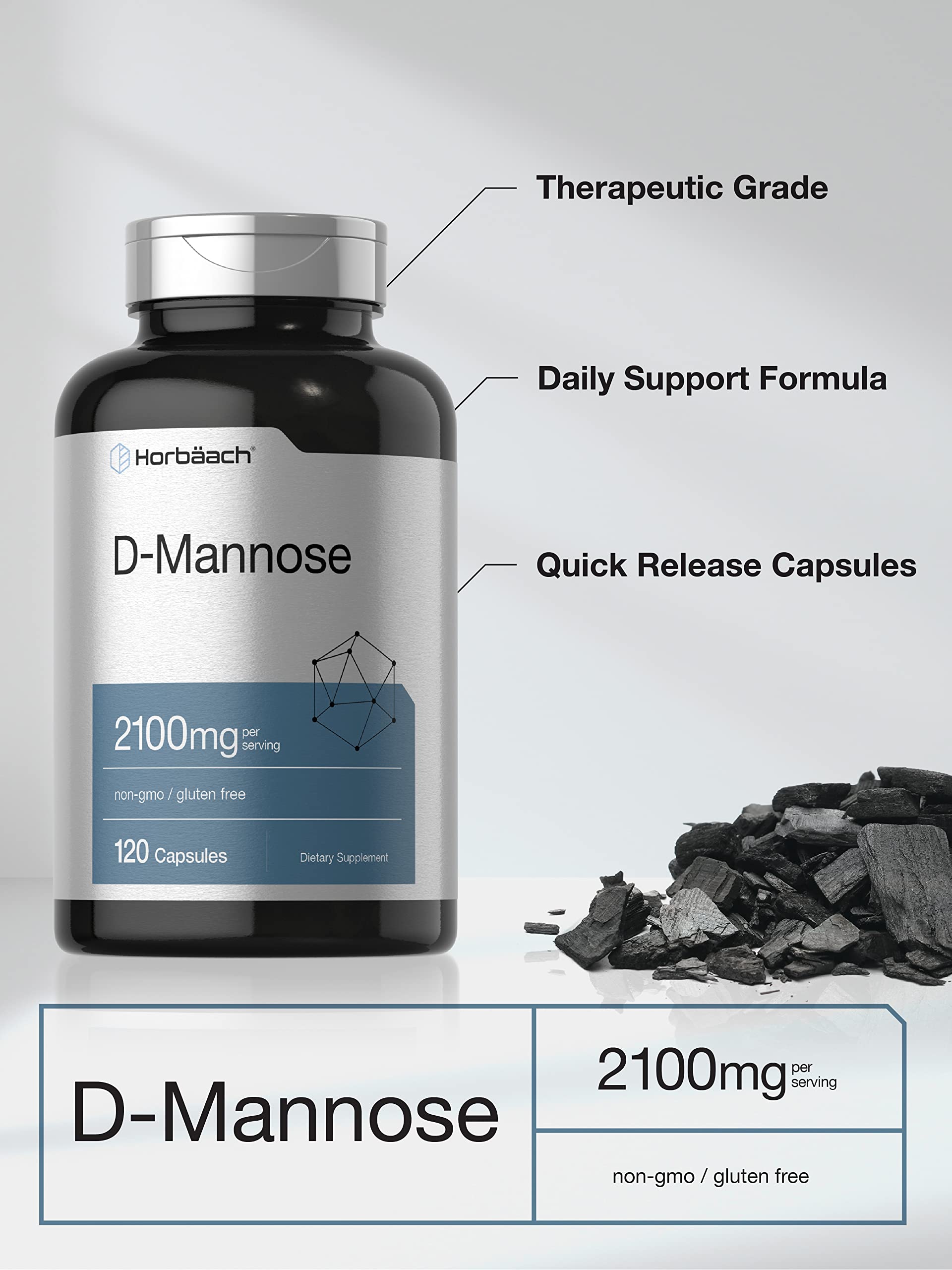 Horbäach D-Mannose | 2100mg | 120 Capsules | Highest Potency | Non-GMO & Gluten Free Supplement