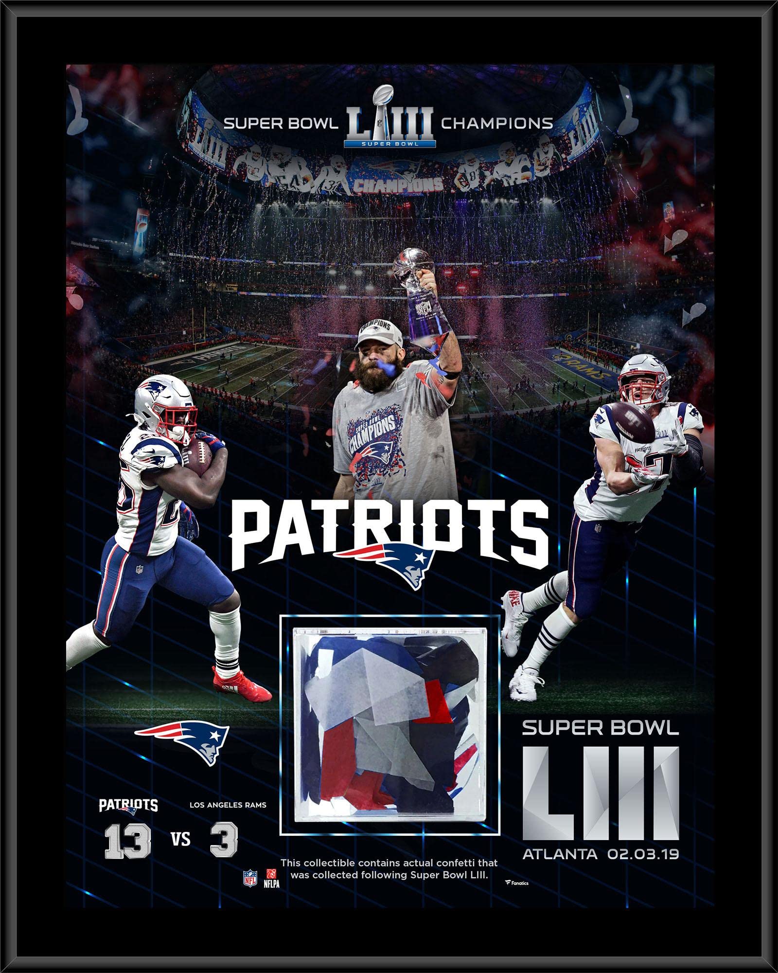 Sports Memorabilia New England Patriots Super Bowl LIII Champions 12" x 15" Sublimated Plaque with Game-Used Confetti - NFL Team Plaques and Collages