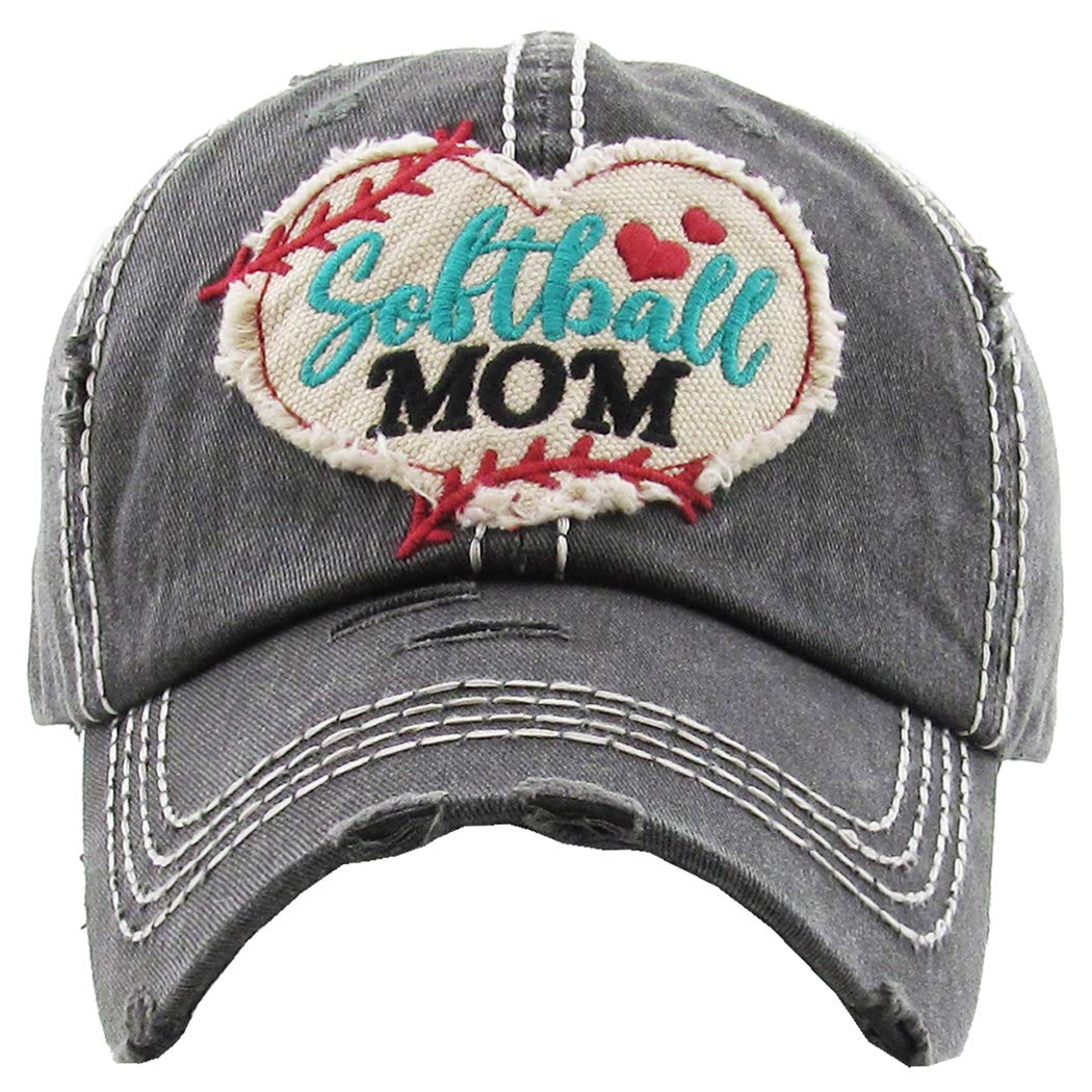 Funky Junque Distressed Baseball Cap Vintage Dad Hat - Softball Mom (Black)