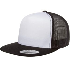 Yupoong 6006 Flatbill Trucker Mesh Snapback Hat with NoSweat Hat Liner (White Front/Black, 1)