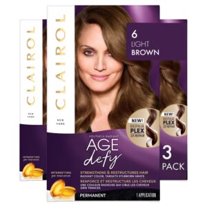 clairol age defy permanent hair dye, 6 light brown hair color, pack of 3
