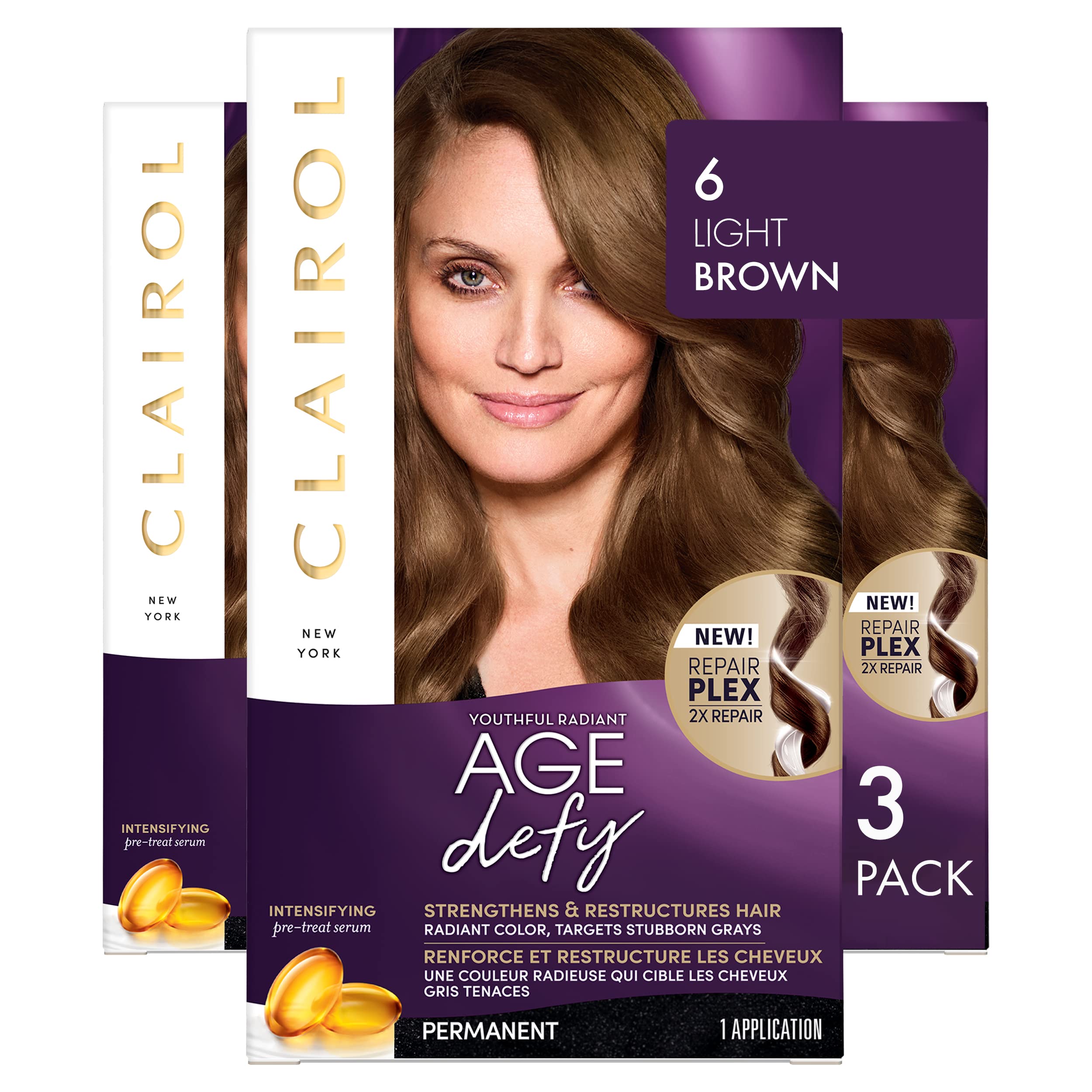 Clairol Age Defy Permanent Hair Dye, 6 Light Brown Hair Color, Pack of 3