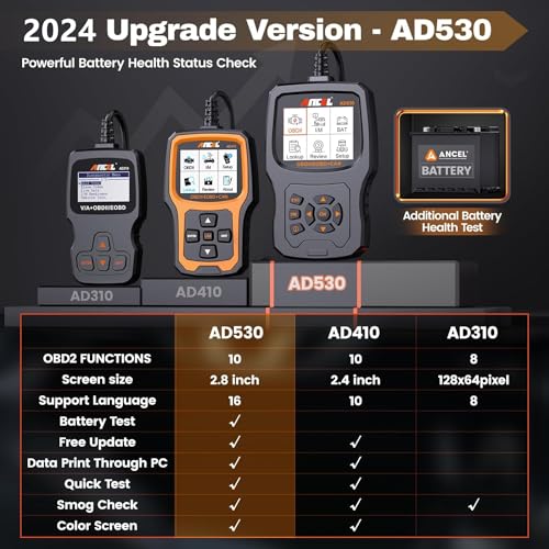 (Upgraded AD310) ANCEL AD530 OBD2 Scanner Diagnostic Tool with Battery Test Car Engine Light Code Reader ScanTool, All OBD2 Function Enhanced Code Definition and Upgraded Graphing Battery Status