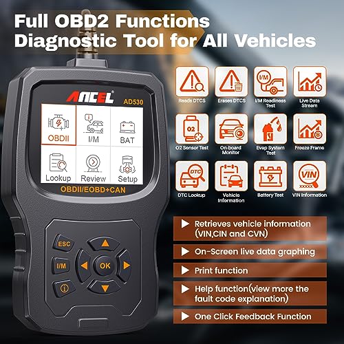 (Upgraded AD310) ANCEL AD530 OBD2 Scanner Diagnostic Tool with Battery Test Car Engine Light Code Reader ScanTool, All OBD2 Function Enhanced Code Definition and Upgraded Graphing Battery Status