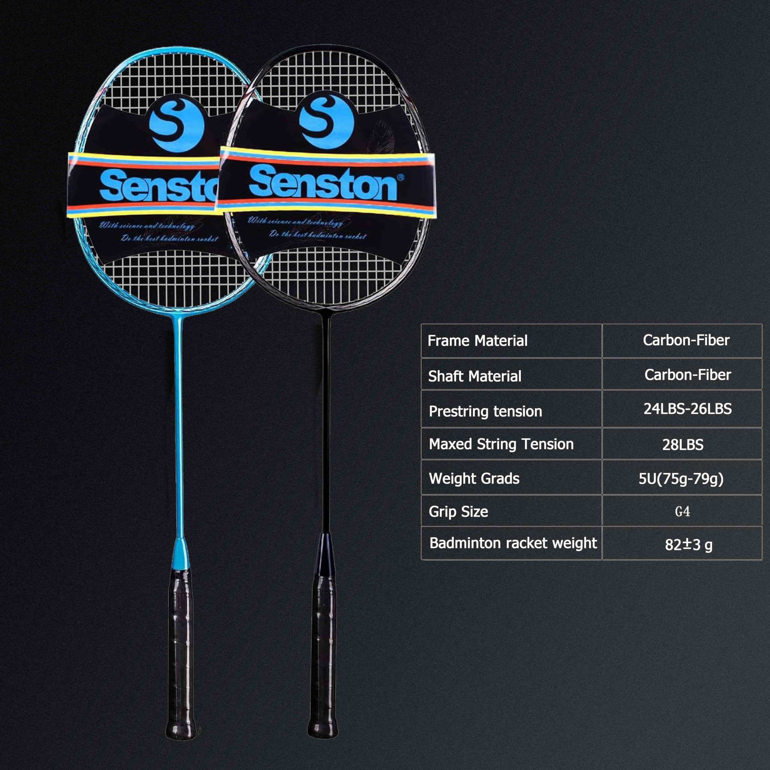 Senston N80-2 Pack Badminton Racquet, Professional Full Carbon-Fiber Badminton Rackets Set with Grip