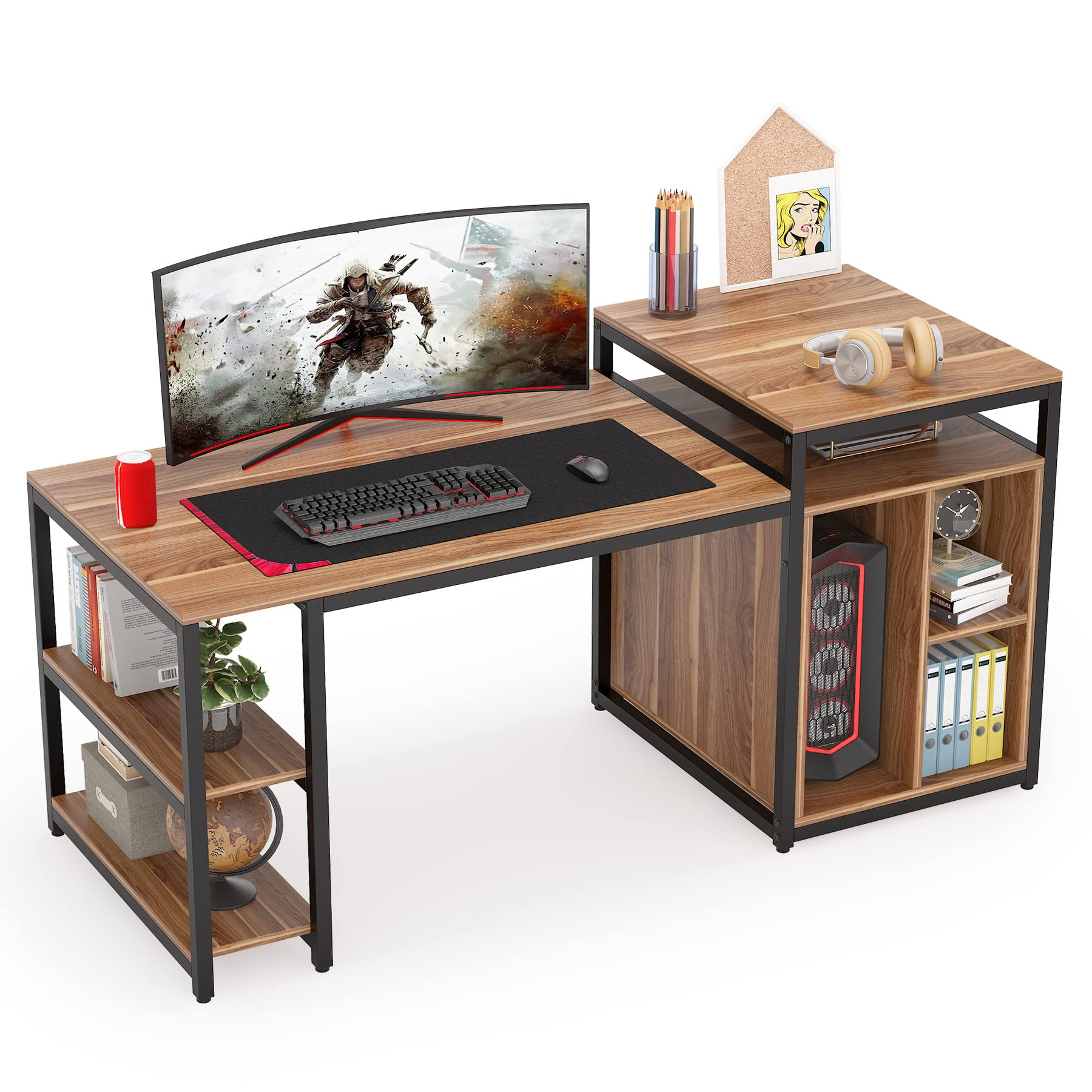 Tribesigns Extra Large 70 inches Computer Desk with Storage Shelf, Home Office Desk with Printer Stand & Cabinet Bookcase Combo, Writing PC Table with Space Saving Design,Dark Walnut