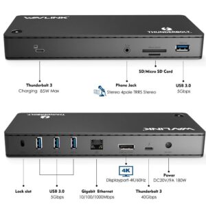 WAVLINK Thunderbolt 3 Docking Station with 85W Charging,2X Thunderbolt 3 up to 40Gb/s, Display Port up to 4K@60Hz Display,4X USB 3.0 Ports, SD Card Slot, LAN for Mac/Windows Thunderbolt 3 Laptops PC