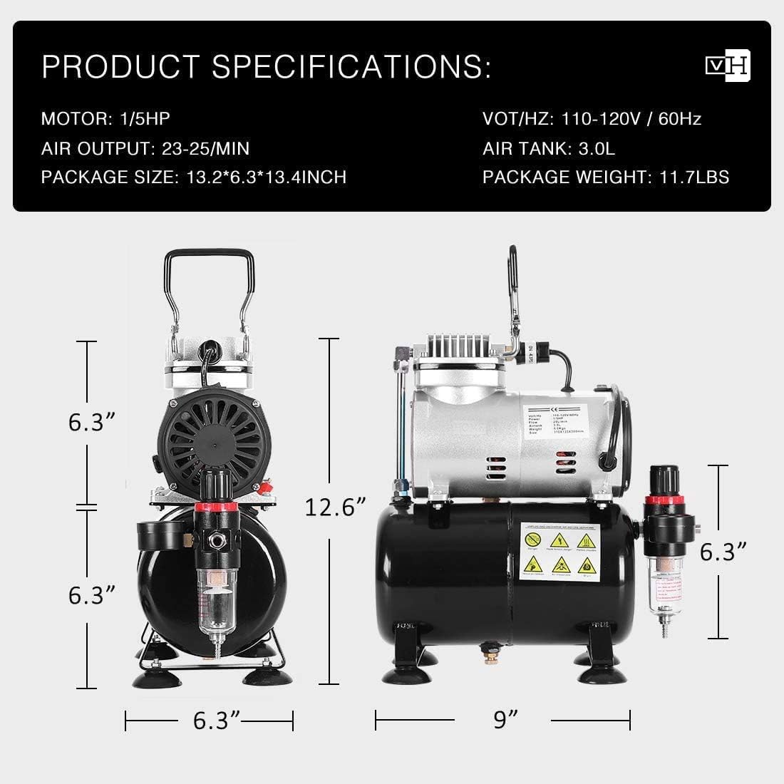 VIVOHOME Airbrush Kit with 1/5 HP Professional Air Compressor with 3L Tank, Quiet Air Brush Paint System Set with 0.3mm Dual Action Airbrush Gun and Tape, Gravity Feed