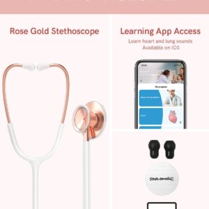 FriCARE Rose Gold Stethoscope - Gorgeous Stethoscopes for Nurses, RN, Nursing School Students - Dual Head Estetoscopio for Professionals, StethoMedic Essentials, Nurses Day Gift, White Tubing, 29 inch