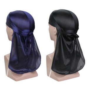 Silky Satin Durags for Men Designer Long Tail Beanies Doo Rags Caps Du-Rags for Women Silk Satin Tie Do Rags Cap for Waves 2 Pack