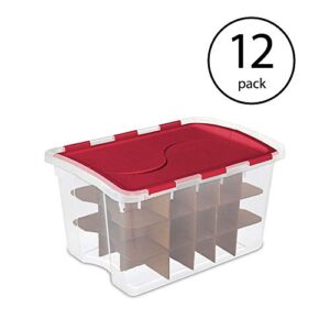 Sterilite 48 Quart Clear Stackable Holiday Christmas 45 Ornament Storage Box with Lid (12 Pack)