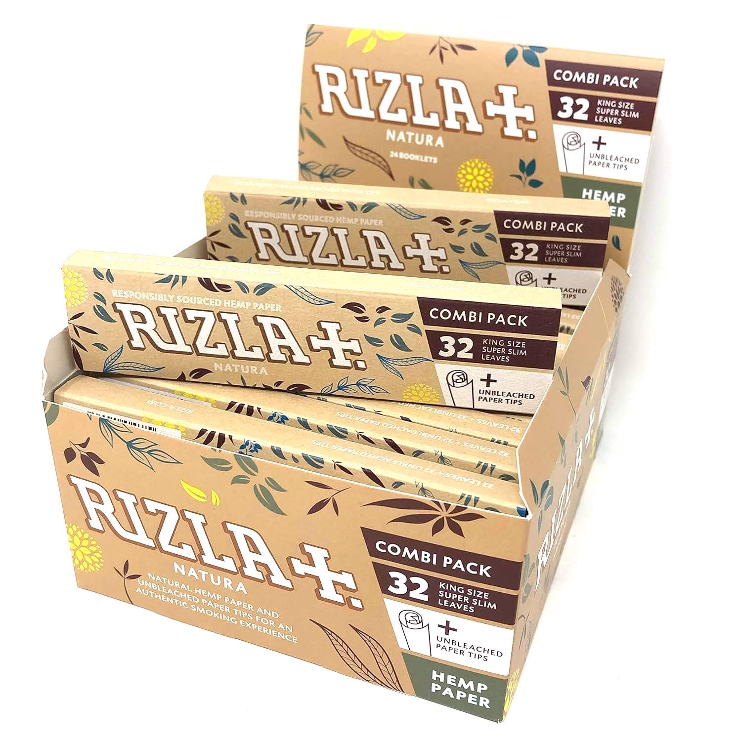 5 X RIZLA Natura Combi Pack - (32 King Size Super Slim Leaves + Unbleached Paper Tips)