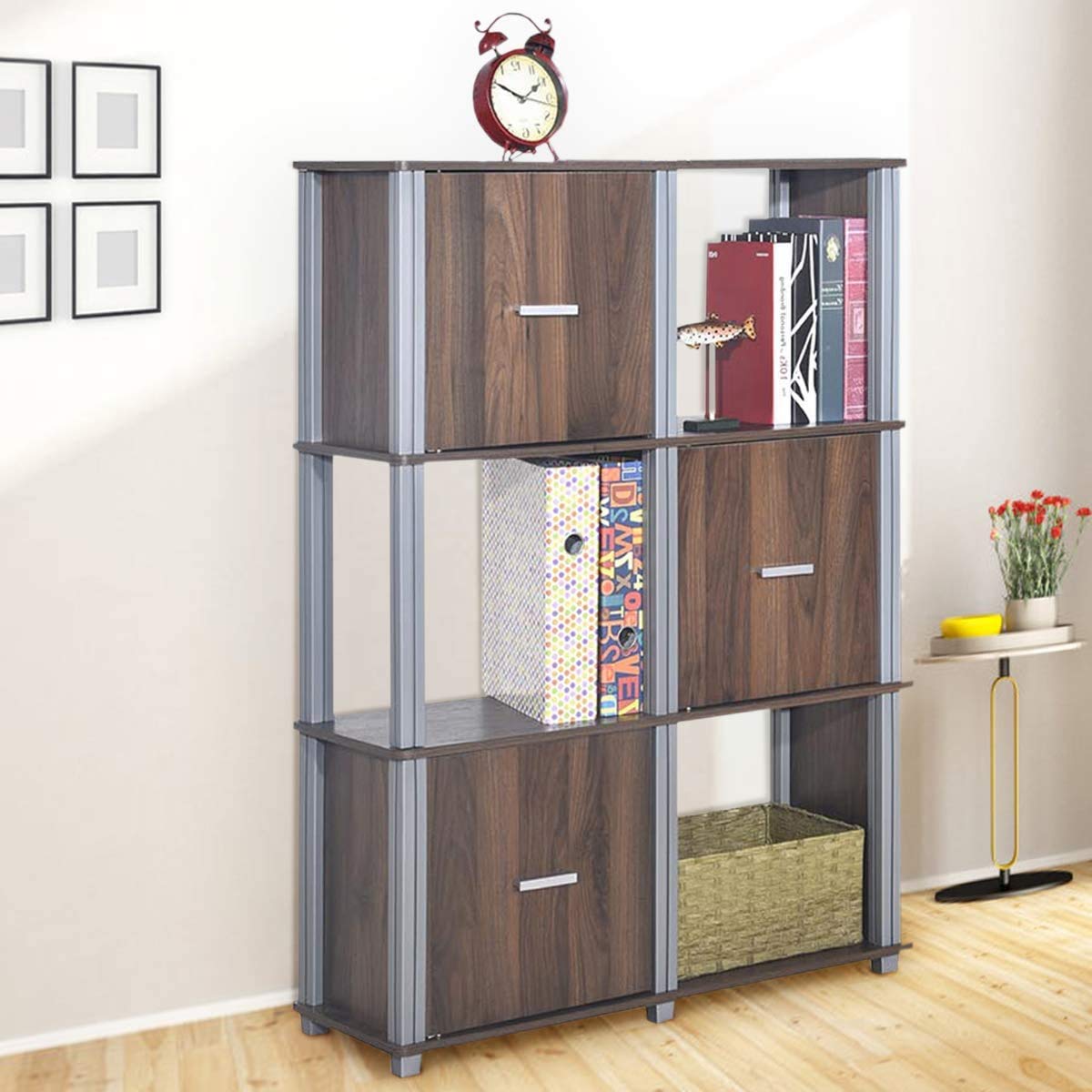 Tangkula 3-Tier Bookshelf, 3-Shelf Bookcase with 3 Drawers, Book Rack Display Storage Organizer Shelves Storage Shelf for Home Office Decor (Walnut)