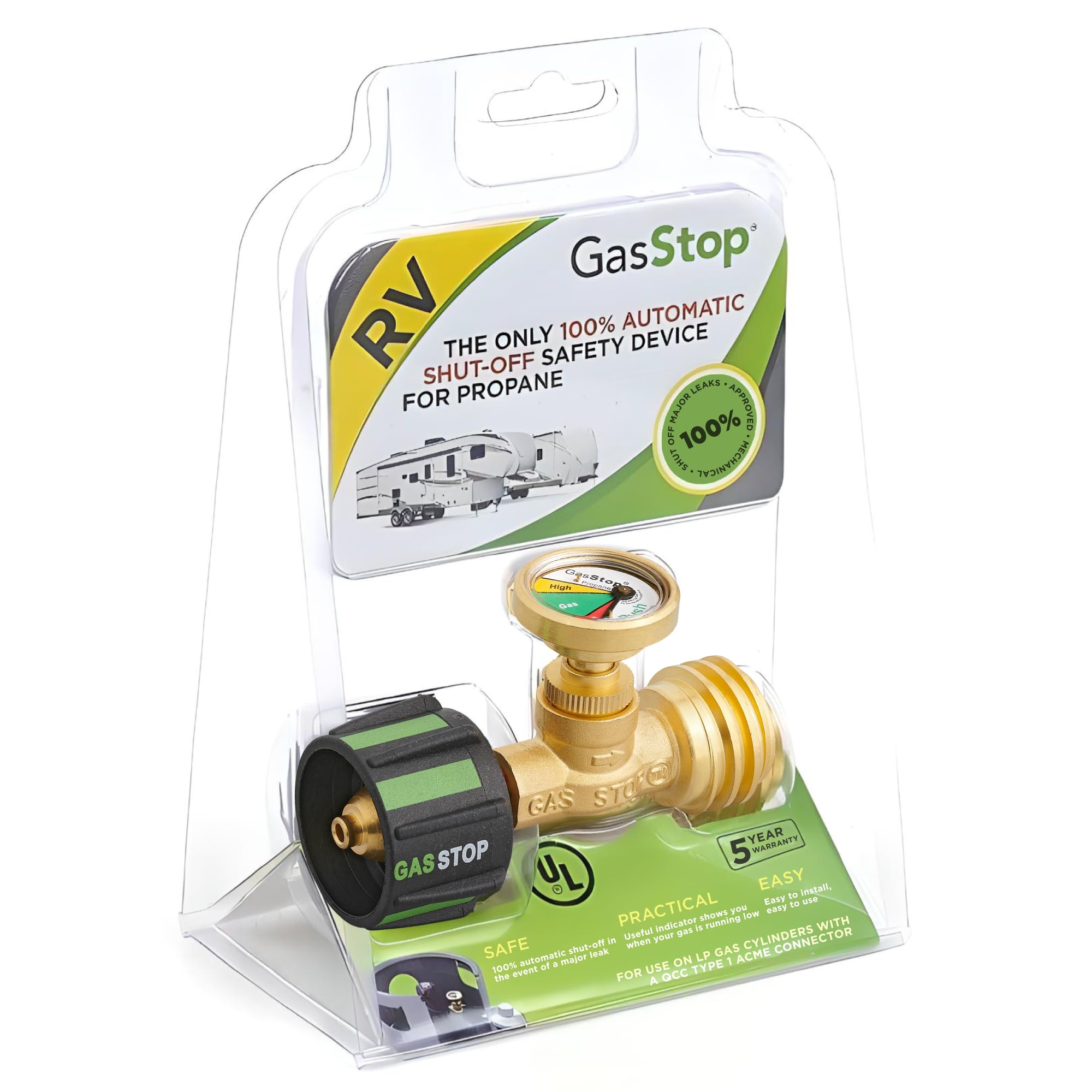 GasStop - Propane Tank Gauge with Leak Detector & Emergency Shut-Off - Pressure Indicator Universal Meter - RV & Camper Accessories