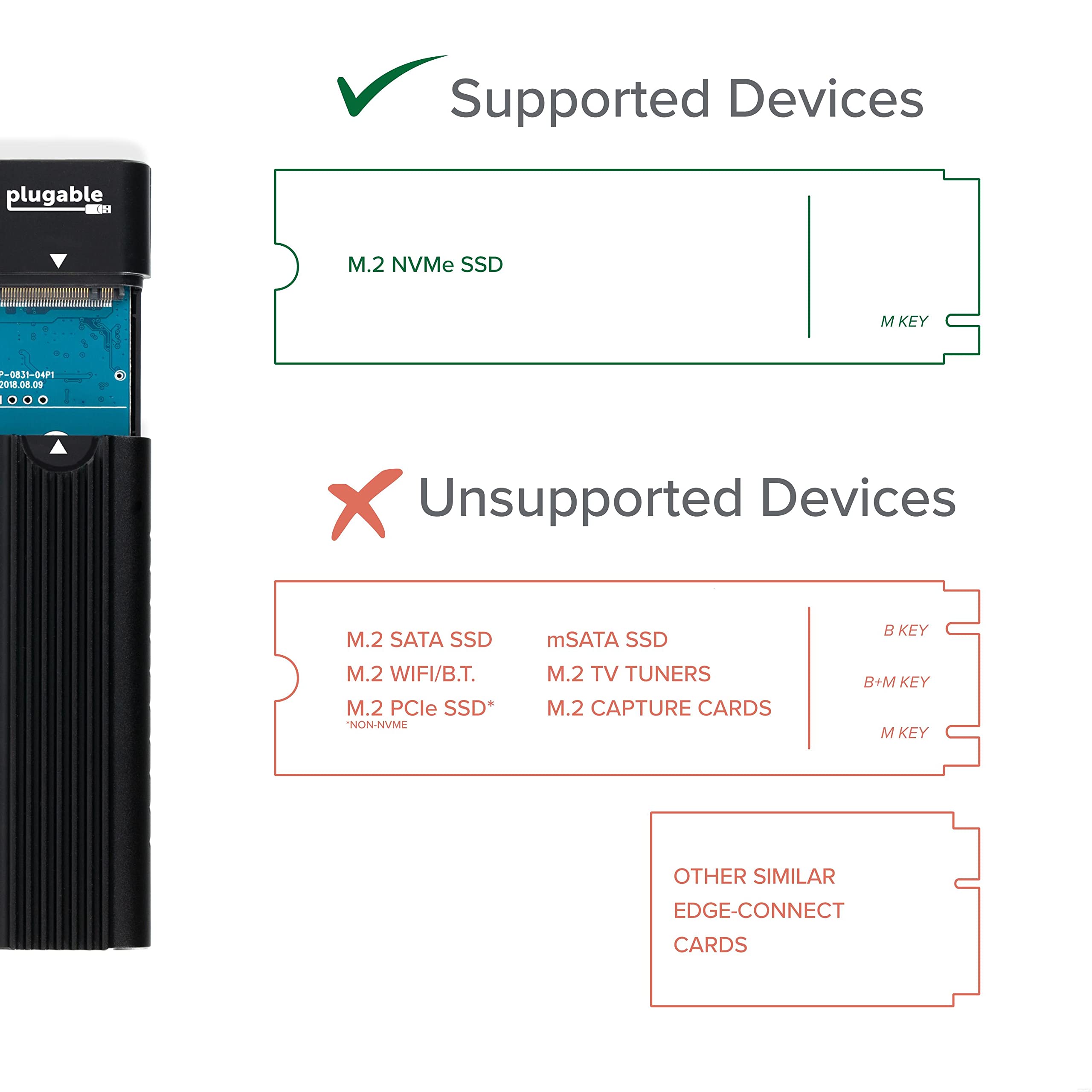 Plugable USB-C M.2 NVMe SSD Enclosure; Tool-Free & Driverless. USB 3 Type-C, including Thunderbolt and USB4, at 10Gbps. For M.2 NVMe SSDs 2230 to 2280 PCIe Gen 3 and 4. USB C and USB A cables included