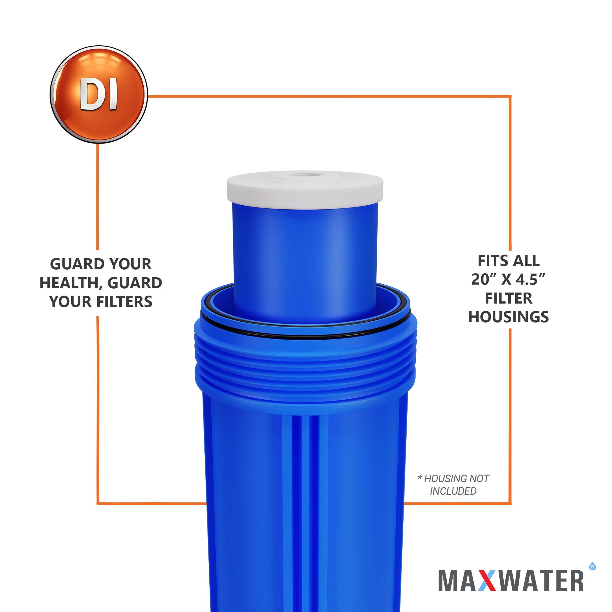 Max Water 20" BB Whole House Refillable Mixed Bed De-Ionization Water Filter Size 20" x 4.5" Compatible with 20" BB Whole House Water Filtration Systems for High TDS in Water (1x car/window)