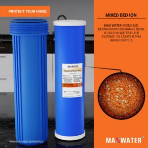 Max Water 20" BB Whole House Refillable Mixed Bed De-Ionization Water Filter Size 20" x 4.5" Compatible with 20" BB Whole House Water Filtration Systems for High TDS in Water (1x car/window)