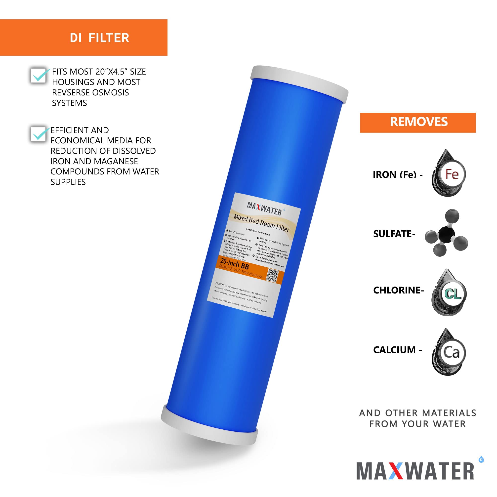 Max Water 20" BB Whole House Refillable Mixed Bed De-Ionization Water Filter Size 20" x 4.5" Compatible with 20" BB Whole House Water Filtration Systems for High TDS in Water (1x car/window)