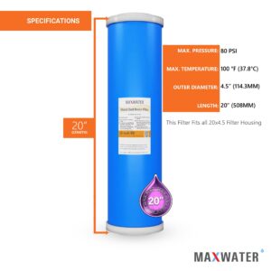 Max Water 20" BB Whole House Refillable Mixed Bed De-Ionization Water Filter Size 20" x 4.5" Compatible with 20" BB Whole House Water Filtration Systems for High TDS in Water (1x car/window)