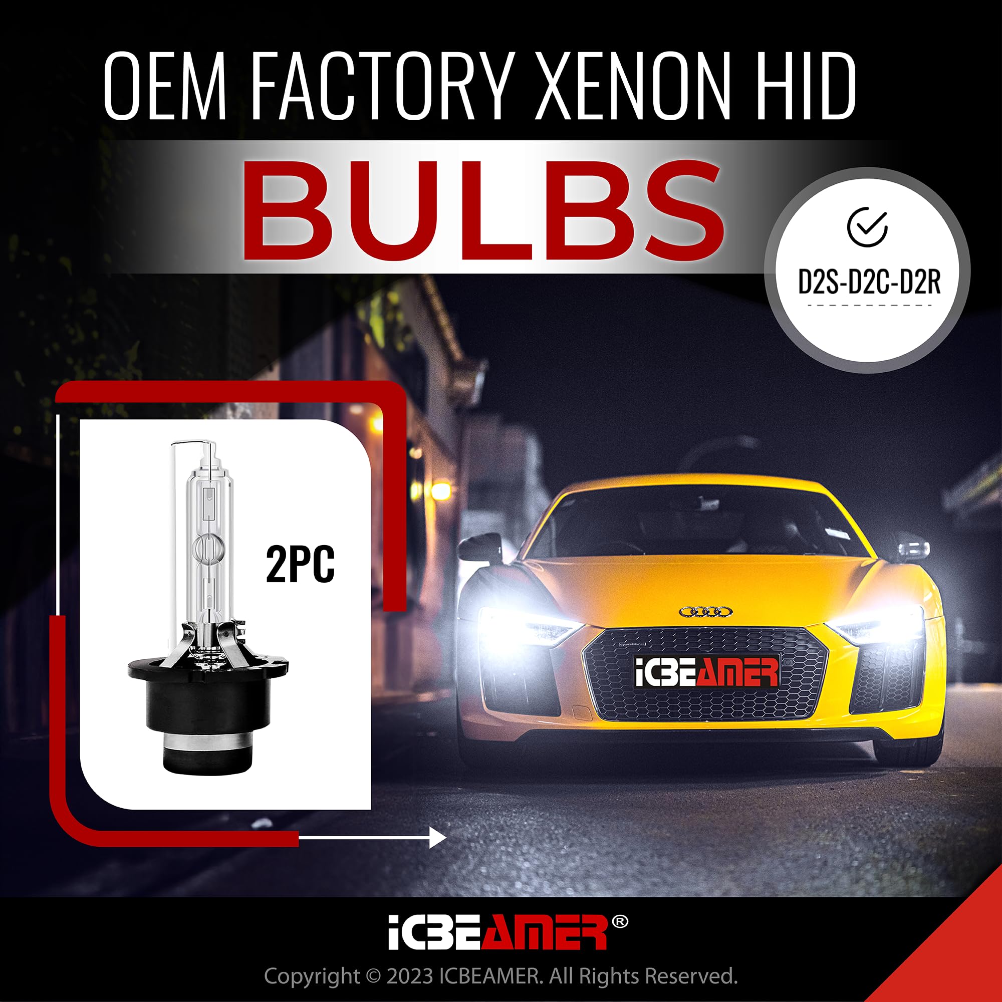 ICBEAMER 6000K D2S D2C D2R Xenon HID Direct Plugin Can Replace 66040 66240 85122 OEM Headlight Low Beam Light bulbs [Diamond White] 2 pcs