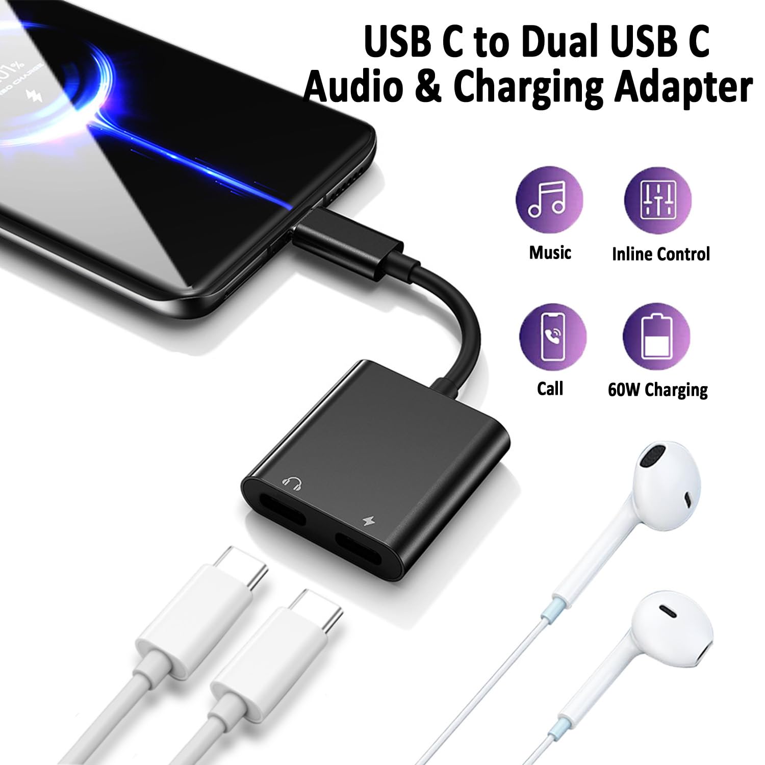 USB C Splitter for iPhone 15, Dual USB C Audio and Charge Adapter 60W Fast Charge Fit with iPhone 15 Pro Max Plus, Galaxy S23 S22 Ultra/S21/Note 20, Google Pixel 7 6 Pro 5, i-Pad Pro (Not for Data)