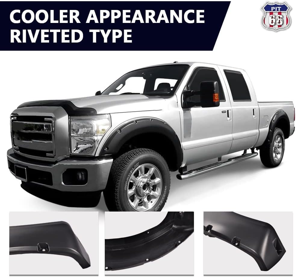 PIT66 Fender Flares, Compatible With 2011-2016 Ford F250 & F350 Super Duty (NOT For Dually Models), Paintable Smooth Matte Black Pocket Riveted Style Wheel Flares Set, 4 Pcs