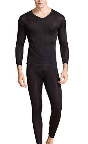 Grenasasilk Men's Silk Long Johns Mulberry Silk Long Underwear V-Neck Breathable Thermal Underwear Sets & Undergarments (XL, Black)