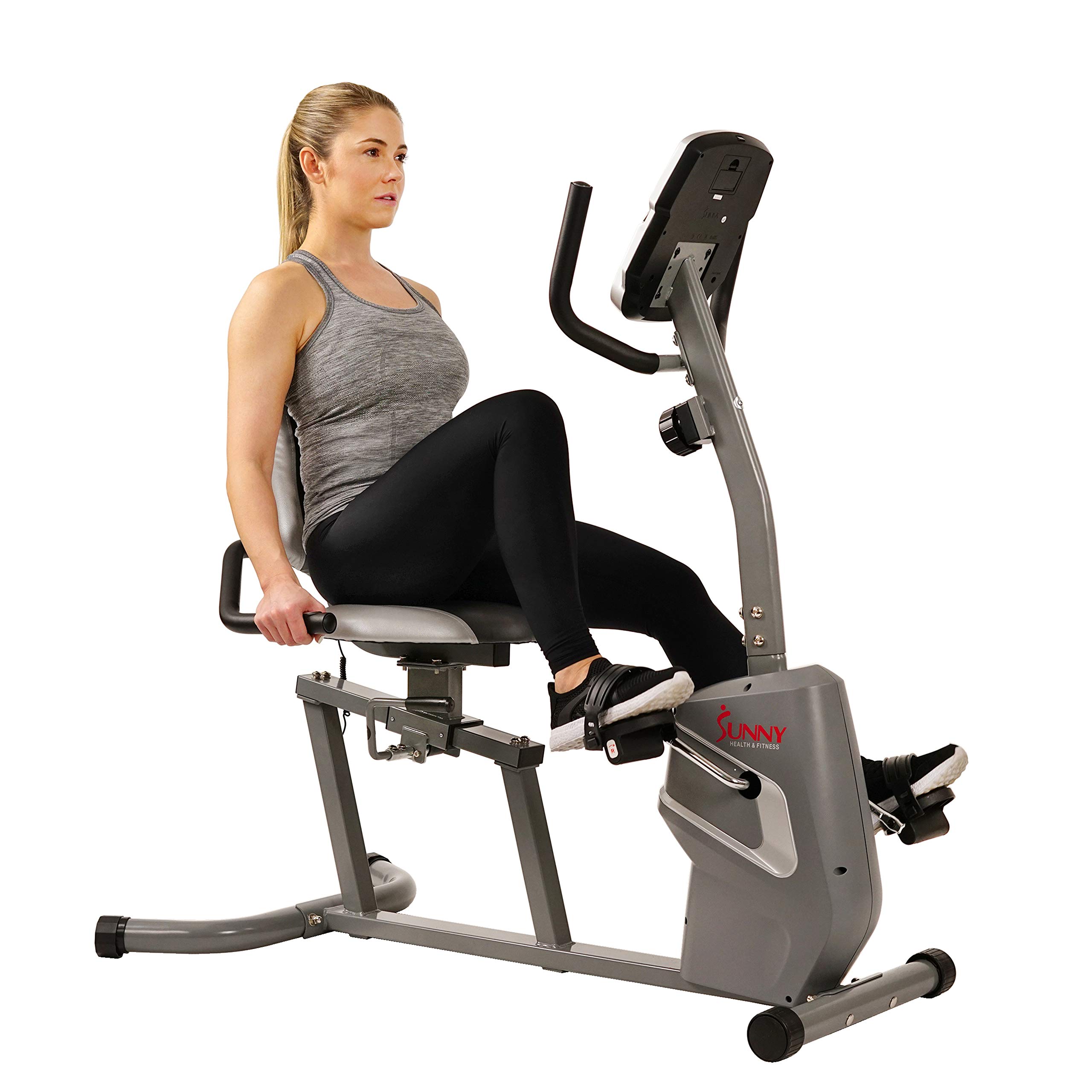 Sunny Health & Fitness Magnetic Recumbent Exercise Bike with Easy Adjustable Seat, Device Holder, RPM and Pulse Rate Monitoring | SF-RB4806, Grey