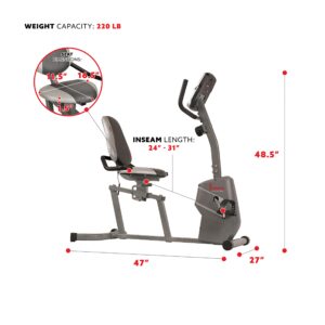 Sunny Health & Fitness Magnetic Recumbent Exercise Bike with Easy Adjustable Seat, Device Holder, RPM and Pulse Rate Monitoring | SF-RB4806, Grey