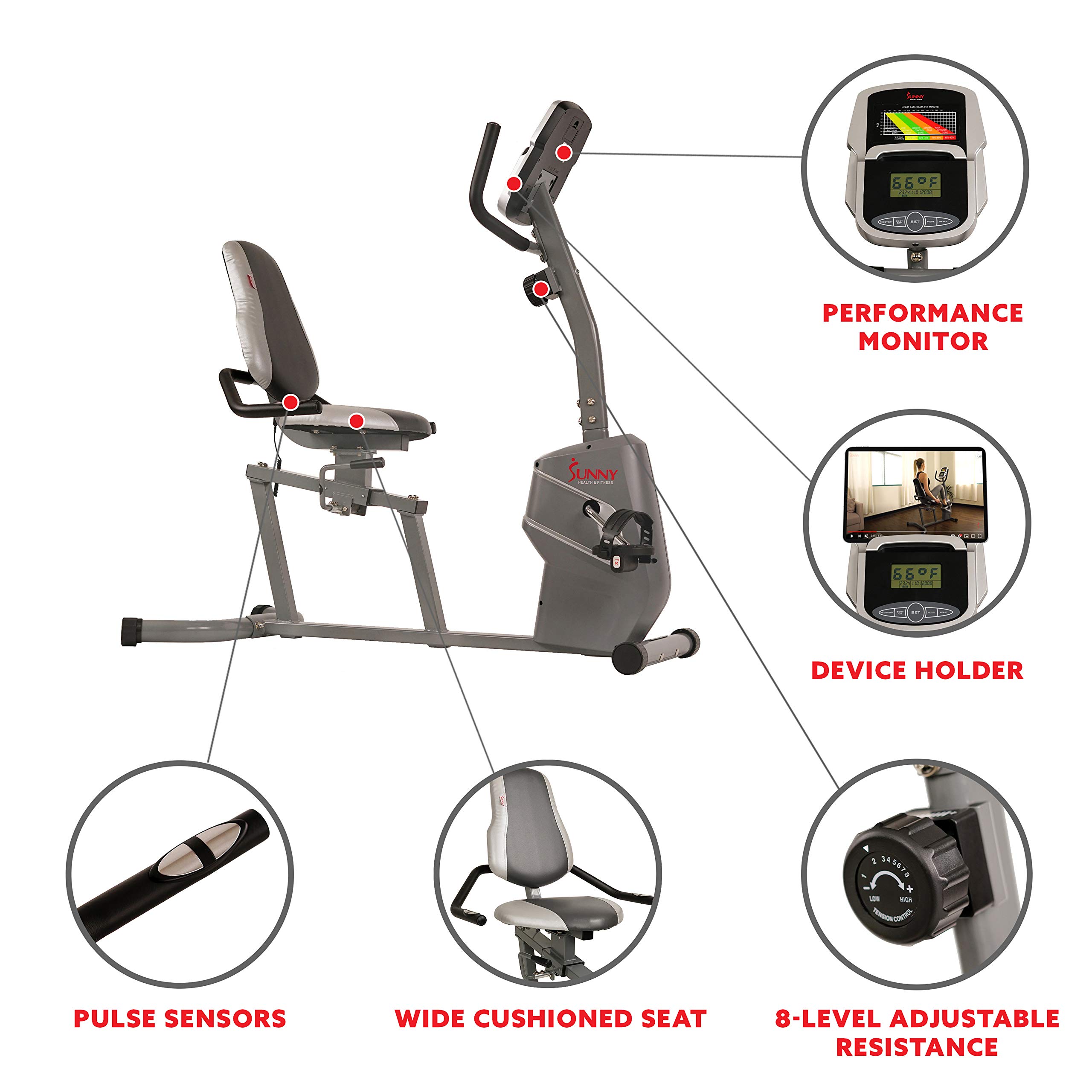 Sunny Health & Fitness Magnetic Recumbent Exercise Bike with Easy Adjustable Seat, Device Holder, RPM and Pulse Rate Monitoring | SF-RB4806, Grey