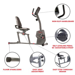 Sunny Health & Fitness Magnetic Recumbent Exercise Bike with Easy Adjustable Seat, Device Holder, RPM and Pulse Rate Monitoring | SF-RB4806, Grey