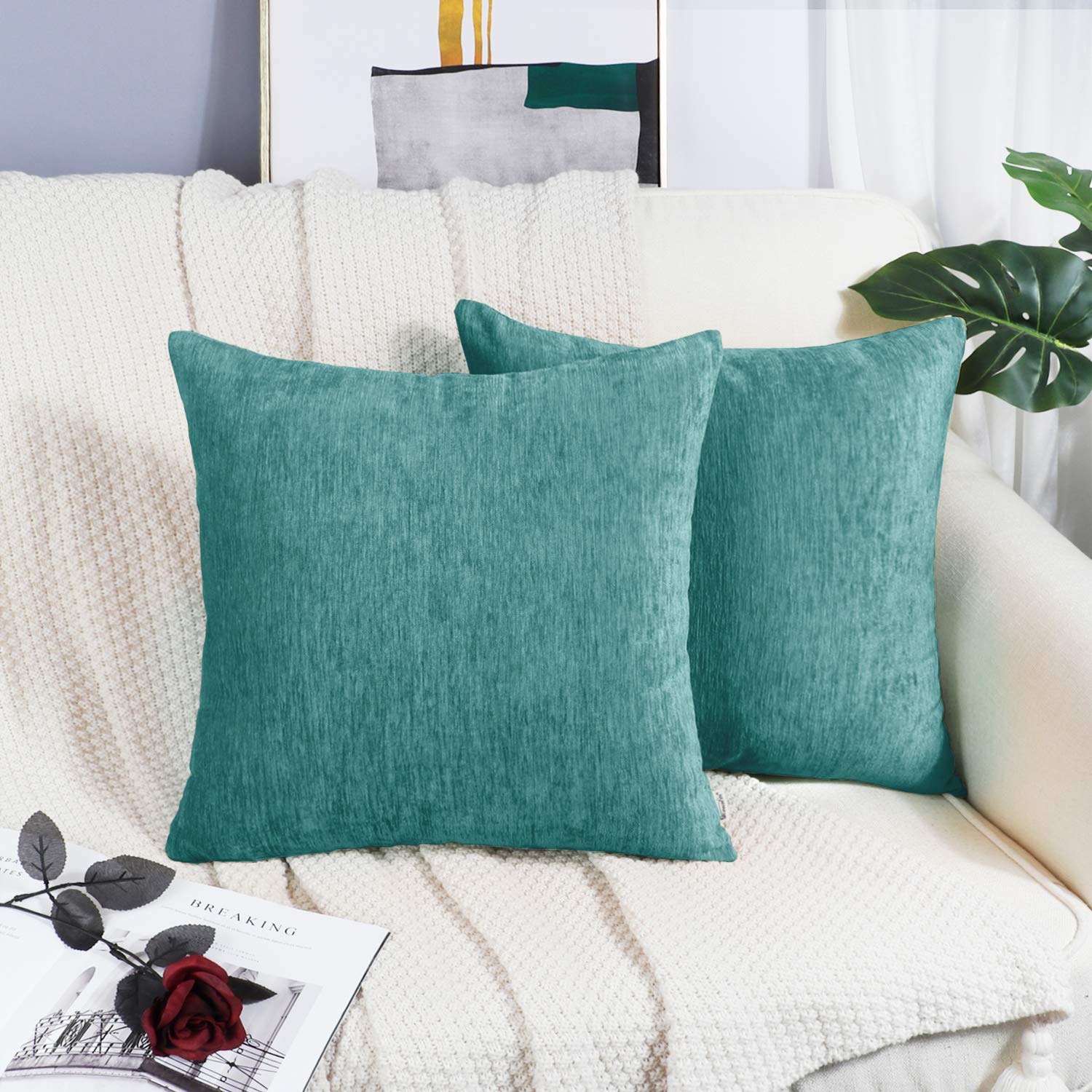 BRAWARM Chenille Throw Pillow Covers 20x20 Inches - Teal Chenille Pillow Covers Pack of 2, Solid Dyed Soft Chenille Pillow Cases for Couch Sofa Bed Home Decoration