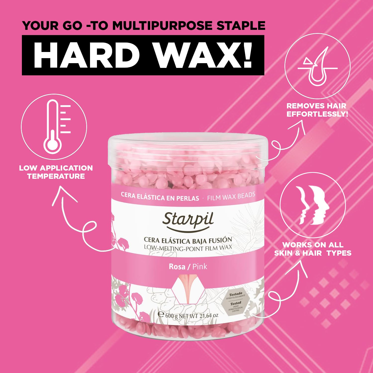 Starpil Wax 600g / 1.3 lb Pink Hard Wax Beads for Painless Hair Removal, Stripless Wax Beads, Polymer Blend Low Temperature Wax for Face, Bikini, Brazilian, Legs, Underarm, Back and Chest