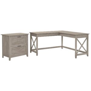 Bush Furniture Key West 60W L Shaped Desk with 2 Drawer Lateral File Cabinet in Washed Gray