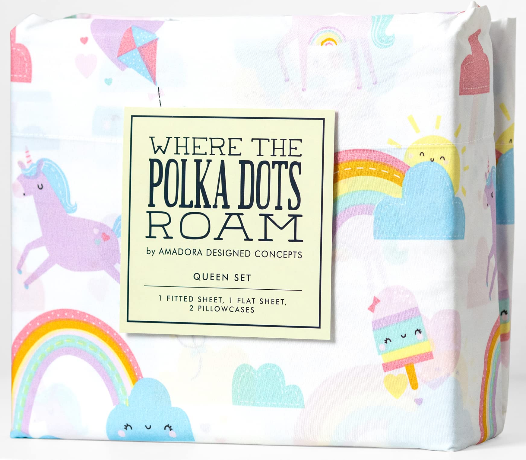 Where The Polka Dots Roam Rainbow and Unicorn 3 Pieces Twin Bed Sheet Set |Super Soft Premium Bedding for Kids Room Décor, Bedding Set for Girls, 1 Fitted Sheet, 1 Flat Sheet and 1 Pillowcase