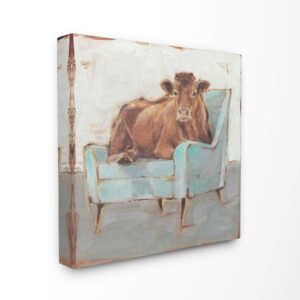 the stupell home decor brown bull on a blue couch neutral color painting stretched canvas wall art, 24 x 24, multi