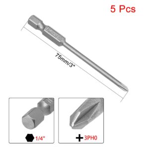 uxcell 5 Pcs 3mm PH0 Magnetic Phillips Screwdriver Bits, 1/4 Inch Hex Shank 3-inch Length S2 Power Tool