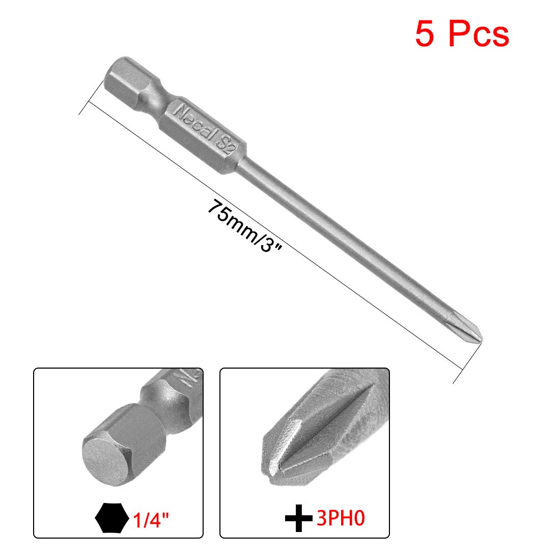 uxcell 5 Pcs 3mm PH0 Magnetic Phillips Screwdriver Bits, 1/4 Inch Hex Shank 3-inch Length S2 Power Tool