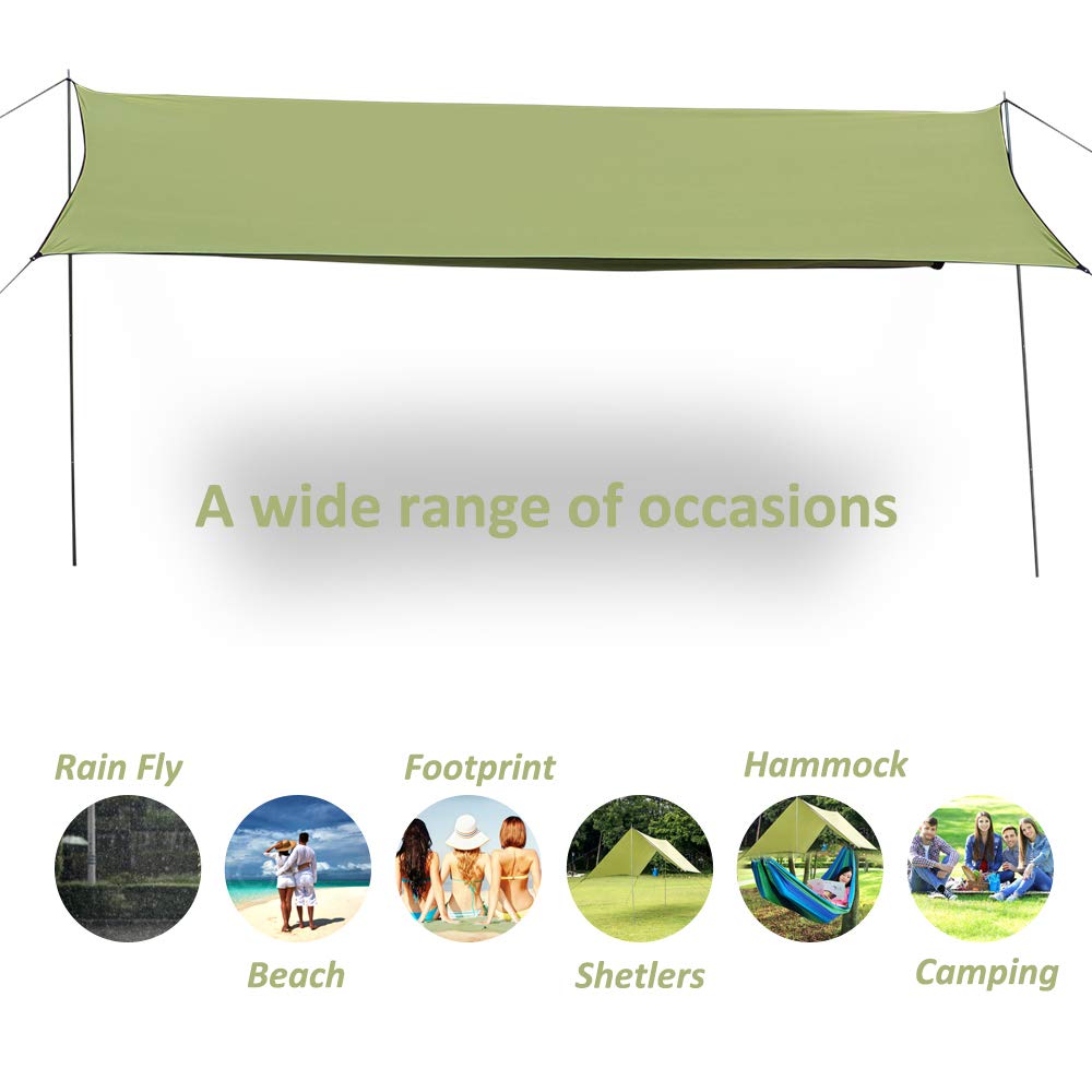 Acenilen 6-8 Person Camping Tent Tarps, UV Protection 50+ Waterproof Tarp with Poles, Beach Sunshade Hammock Rain Fly Sun Shelters Patio Awning Lawn & Garden Canopy, Camping & Hiking Equipment -Green