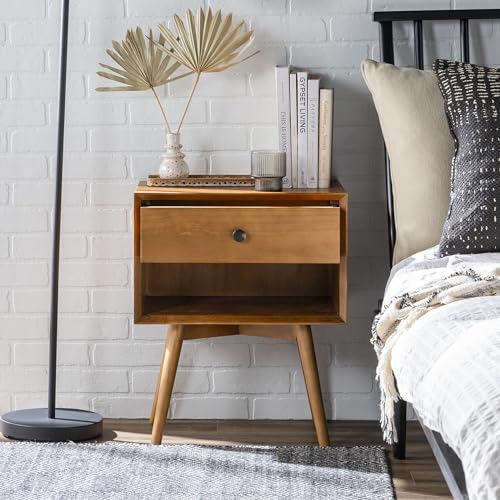 Walker Edison Mid Century Modern Wood Nightstand Side Table Bedroom Storage Drawer and Shelf Bedside End Table, 1 Drawer, Caramel