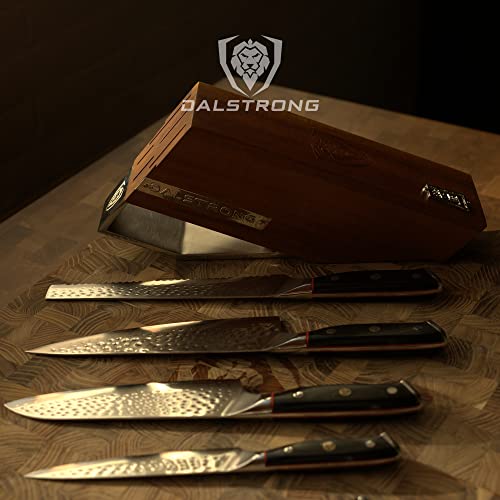 DALSTRONG Knife Block Set - 5 Piece - Shogun Series ELITE - AUS-10V High-Carbon Japanese Steel - Black G10 Handles - Acacia Wood - Damascus - Kitchen Knife Set with Block - Professional Cutlery Set