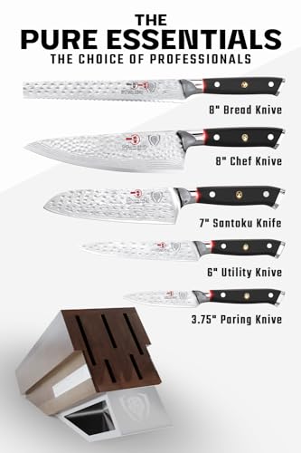 DALSTRONG Knife Block Set - 5 Piece - Shogun Series ELITE - AUS-10V High-Carbon Japanese Steel - Black G10 Handles - Acacia Wood - Damascus - Kitchen Knife Set with Block - Professional Cutlery Set