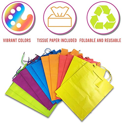 Adorox 12 Assorted (9" H x 7.5" L x 3.5" W) + 24 Tissue (20" x 26") Bright Neon Colored Party Present Paper Gift Bags Birthday Wedding All Occasion