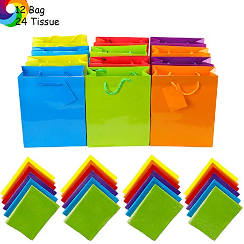 Adorox 12 Assorted (9" H x 7.5" L x 3.5" W) + 24 Tissue (20" x 26") Bright Neon Colored Party Present Paper Gift Bags Birthday Wedding All Occasion