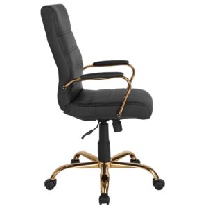 EMMA + OLIVER High Back Black LeatherSoft Executive Swivel Office Chair with Gold Frame/Arms