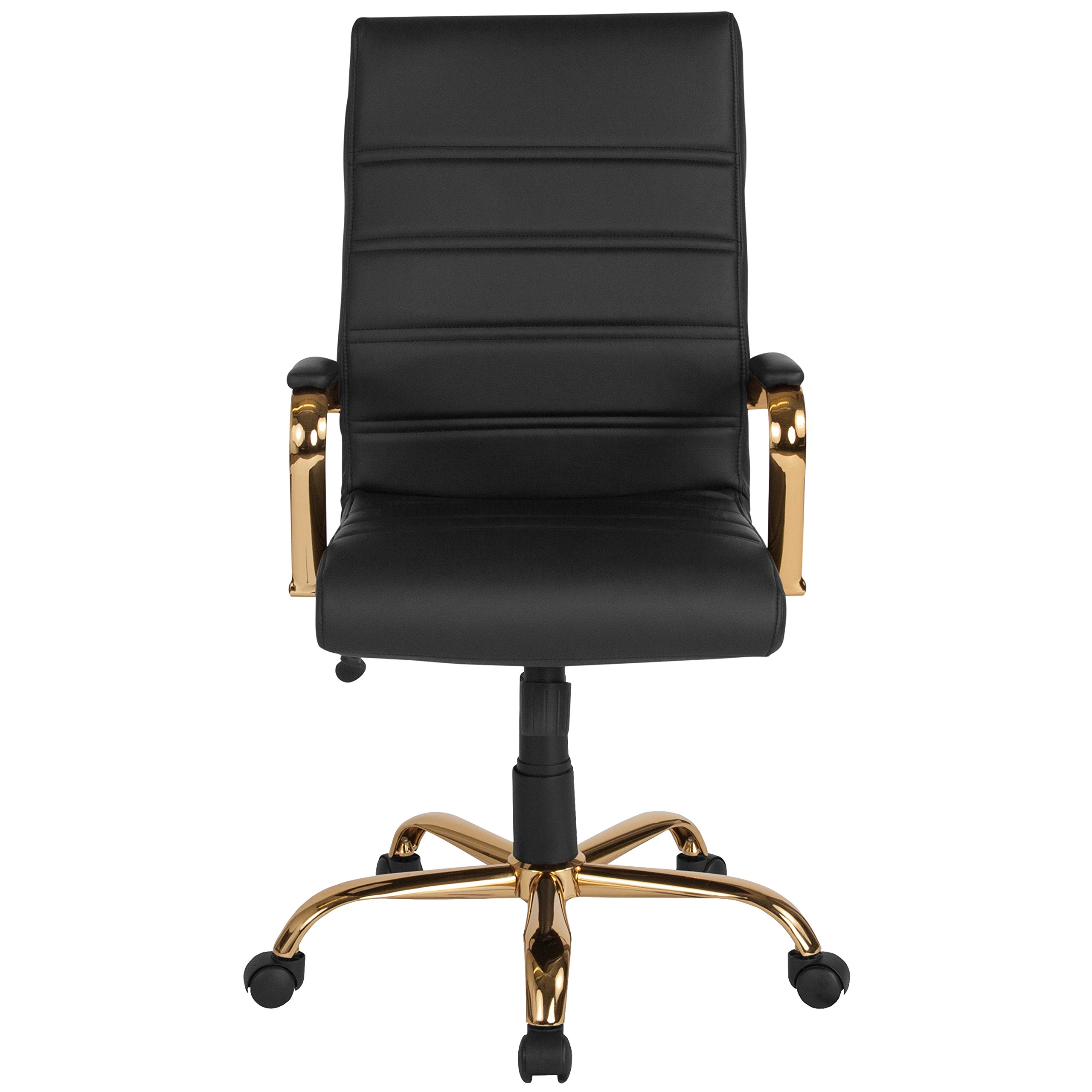 EMMA + OLIVER High Back Black LeatherSoft Executive Swivel Office Chair with Gold Frame/Arms