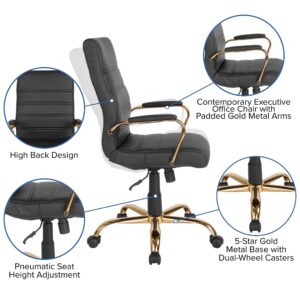 EMMA + OLIVER High Back Black LeatherSoft Executive Swivel Office Chair with Gold Frame/Arms