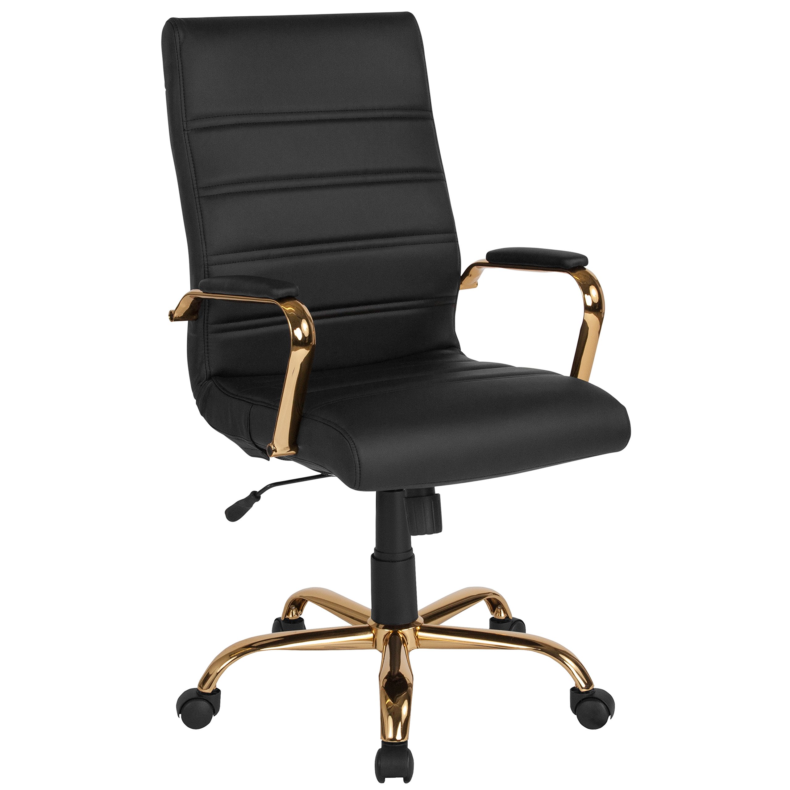 EMMA + OLIVER High Back Black LeatherSoft Executive Swivel Office Chair with Gold Frame/Arms