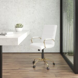 emma + oliver mid-back white leathersoft executive swivel office chair with gold frame/arms